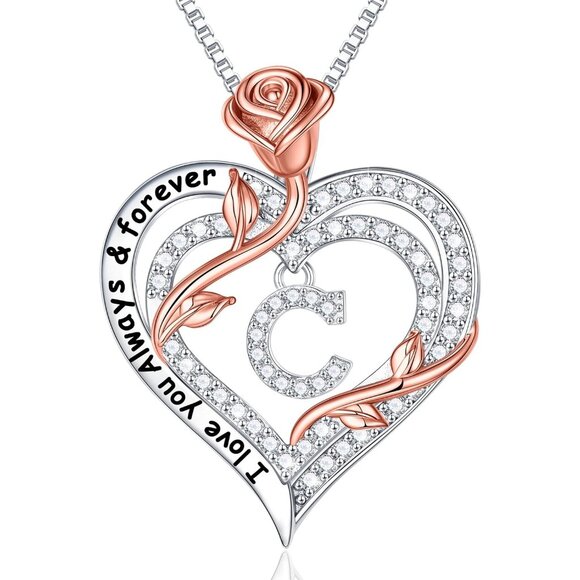 Rose Heart Initial Necklace for Women - Sterling Silver Gift